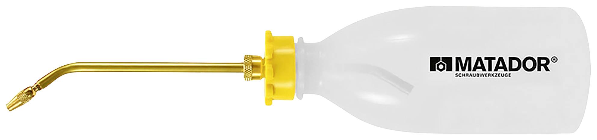 Ölkanna av plast med böjd metalltratt, gul skruvlock. Tryckt text 'MATADOR Smörjsystem'.