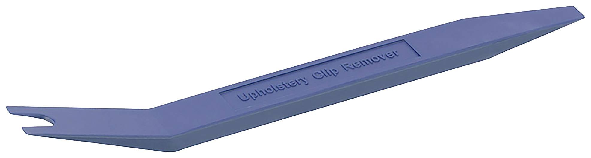 Blå verktygsspak märkt 'Upholstery Clip Remover', avsedd för borttagning av klädselclips.