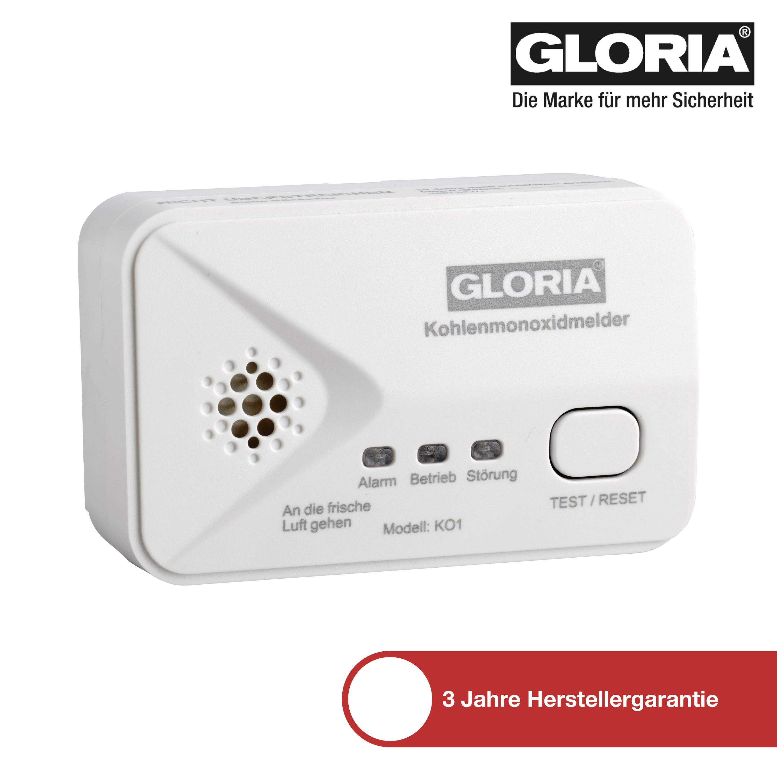 En vit kolmonoxidvarnare från märket Gloria, modell KO1, med test-/återställningsknapp. Garanti: 3 års tillverkargaranti.