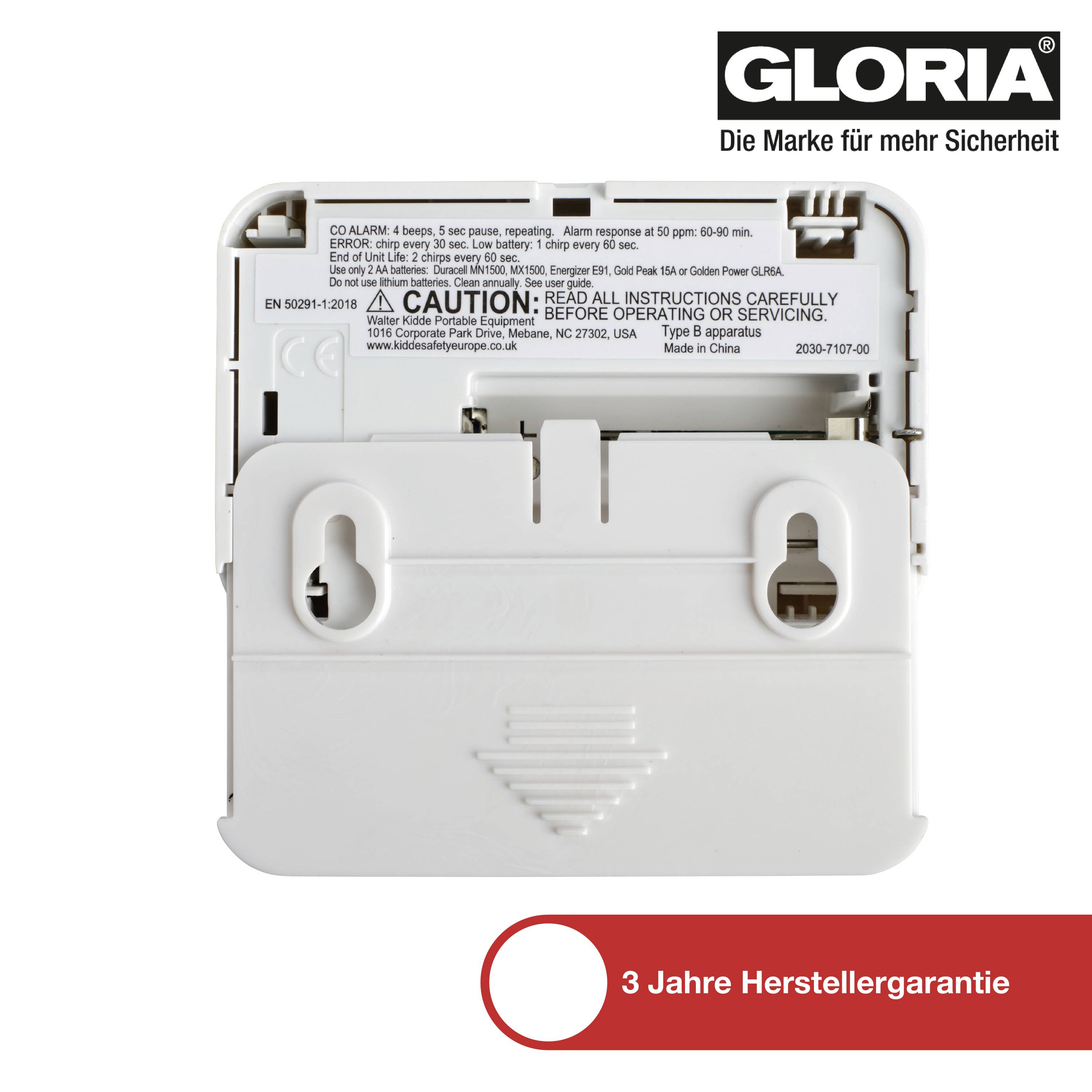 En vit brandsläckare från Gloria med säkerhets- och bruksanvisningar. Text i det röda fältet: '3 år tillverkargaranti'.