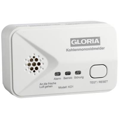 En vit kolmonoxidvarnare med högtalare och tre LED-lampor för larm, drift och fel. Text på enheten: 'GLORIA Kolmonoxidvarnare'.