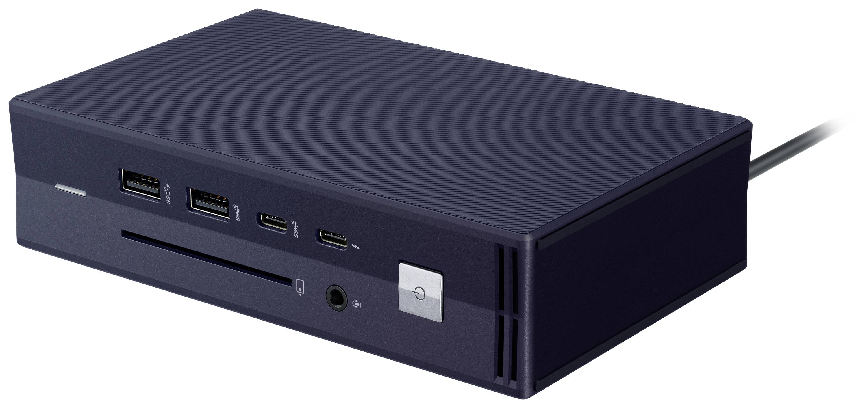 En svart, rektangulär stationär dator med flera USB- och HDMI-portar på framsidan.