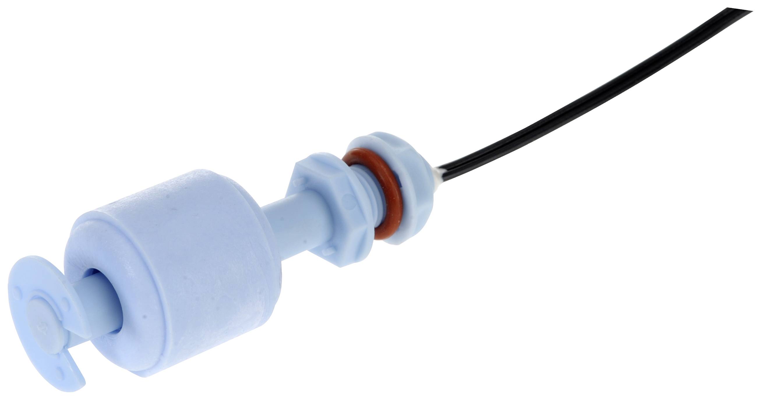 En blå flottörbrytare med kabel, som används för vätskenivåmätning.