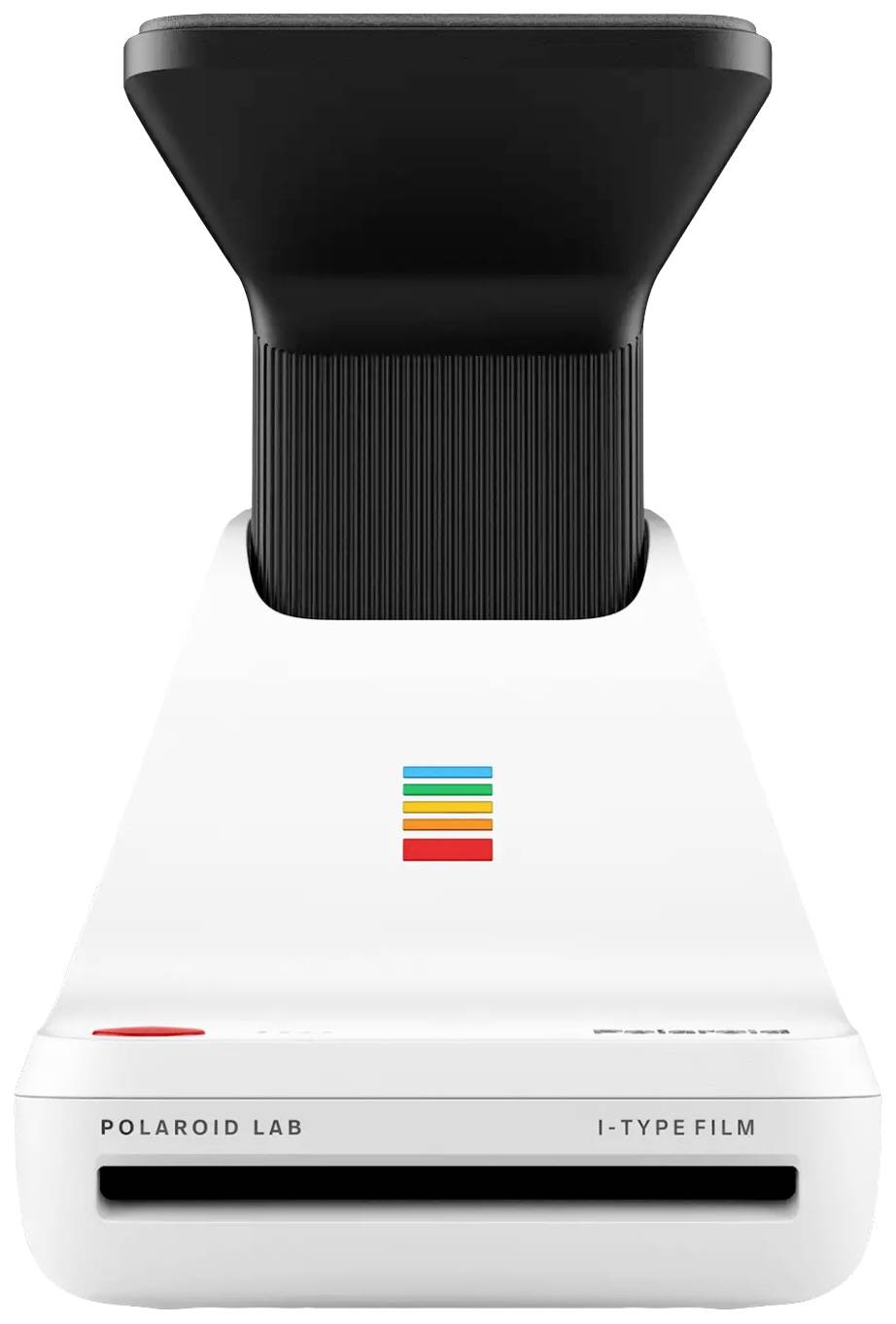 En vit Polaroid-enhet med en svart övre del. Den har Polaroid-logotypen och är kompatibel med I-Type-film.