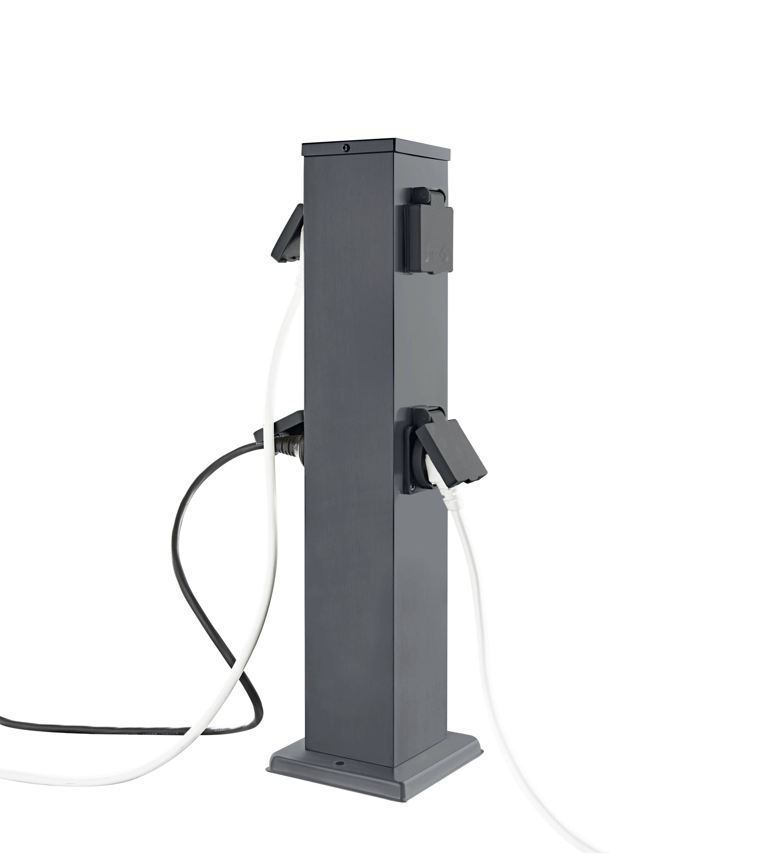 En modern, vertikal laddningsstation med flera uttag för elektriska enheter. Två kablar är anslutna, en svart och en vit.