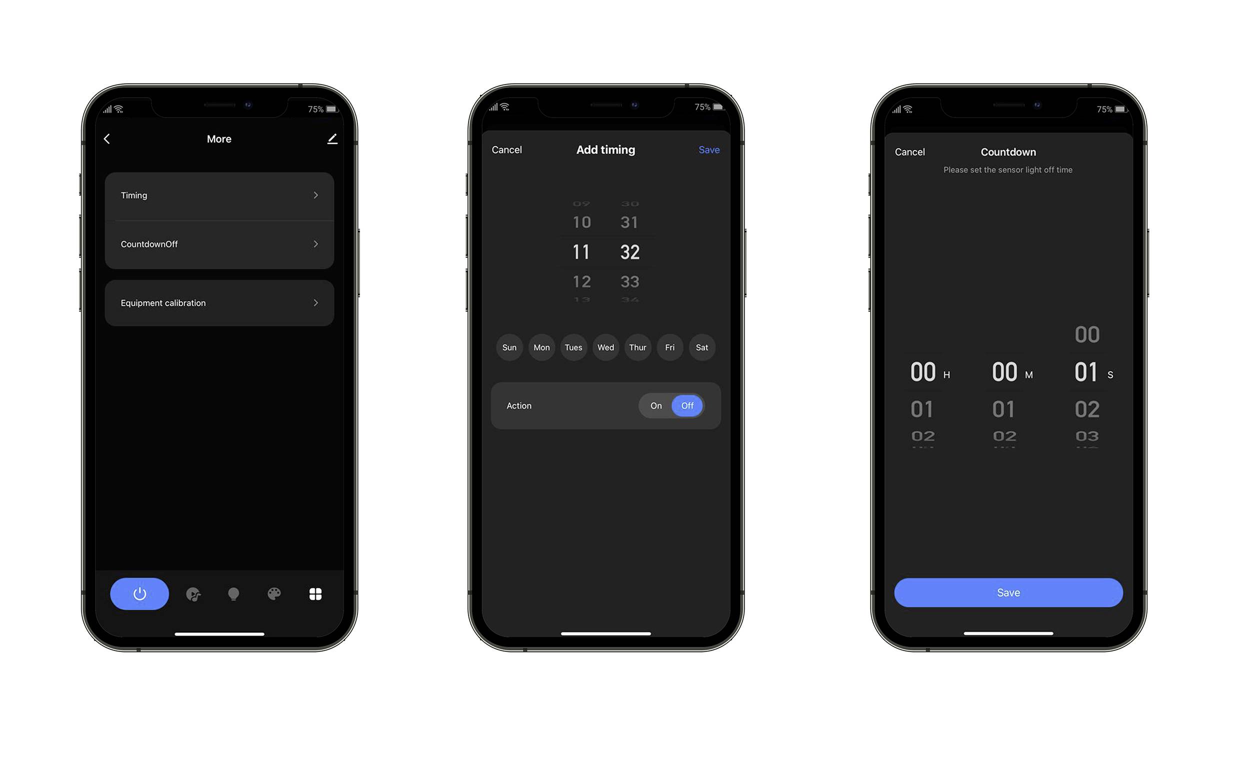 'Tre smartphoneskärmar visar en timer-app: tidsinställningar, timer-alternativ och nedräkningsskärm. Svartvitt design.'