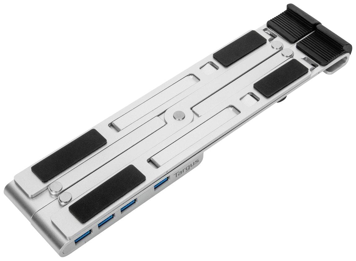Bärbar, hopfällbar laptopställning i metall med svarta halkfria kuddar och blå USB-portar på sidan.