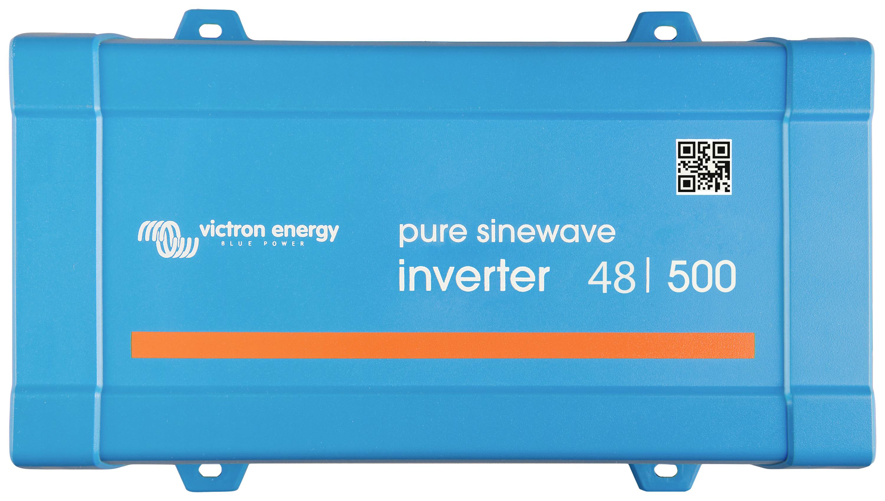 Blå rektangulär låda med texten 'pure sinewave inverter 48 | 500' och en QR-kod; Victron Energy-logotyp längst upp till vänster.
