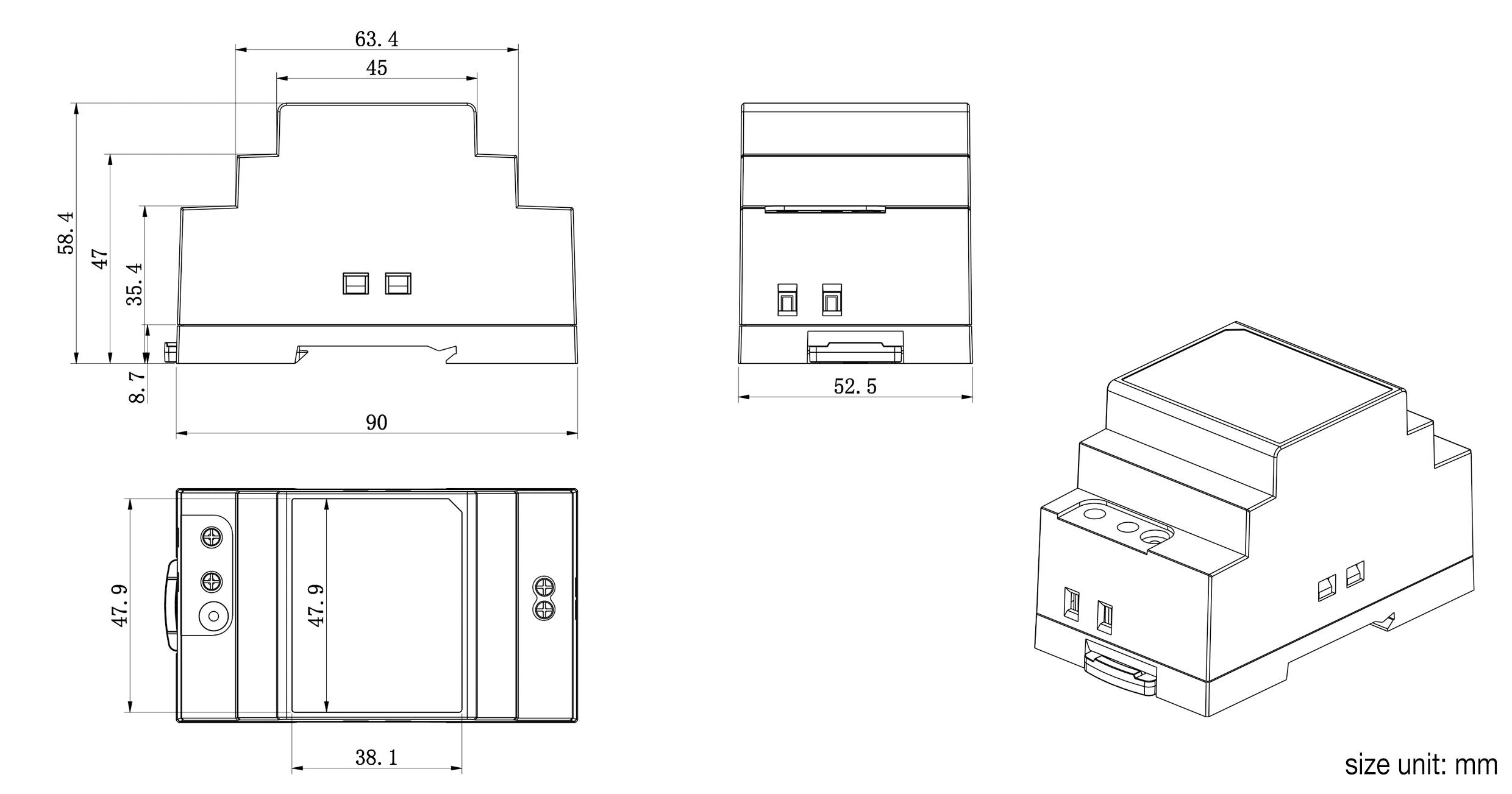 Teknisk ritning av en elektronisk enhet med dimensioner: 90 mm bredd, 63,4 mm höjd, 52,5 mm djup. Tresidigt perspektiv.