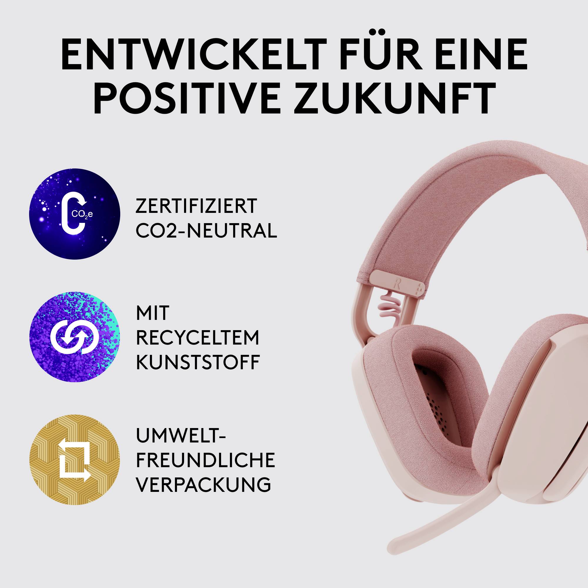 Bild av rosa hörlurar med text: Utvecklad för en positiv framtid. Certifierad CO2-neutral, tillverkad av återvunnen plast, miljövänlig förpackning.