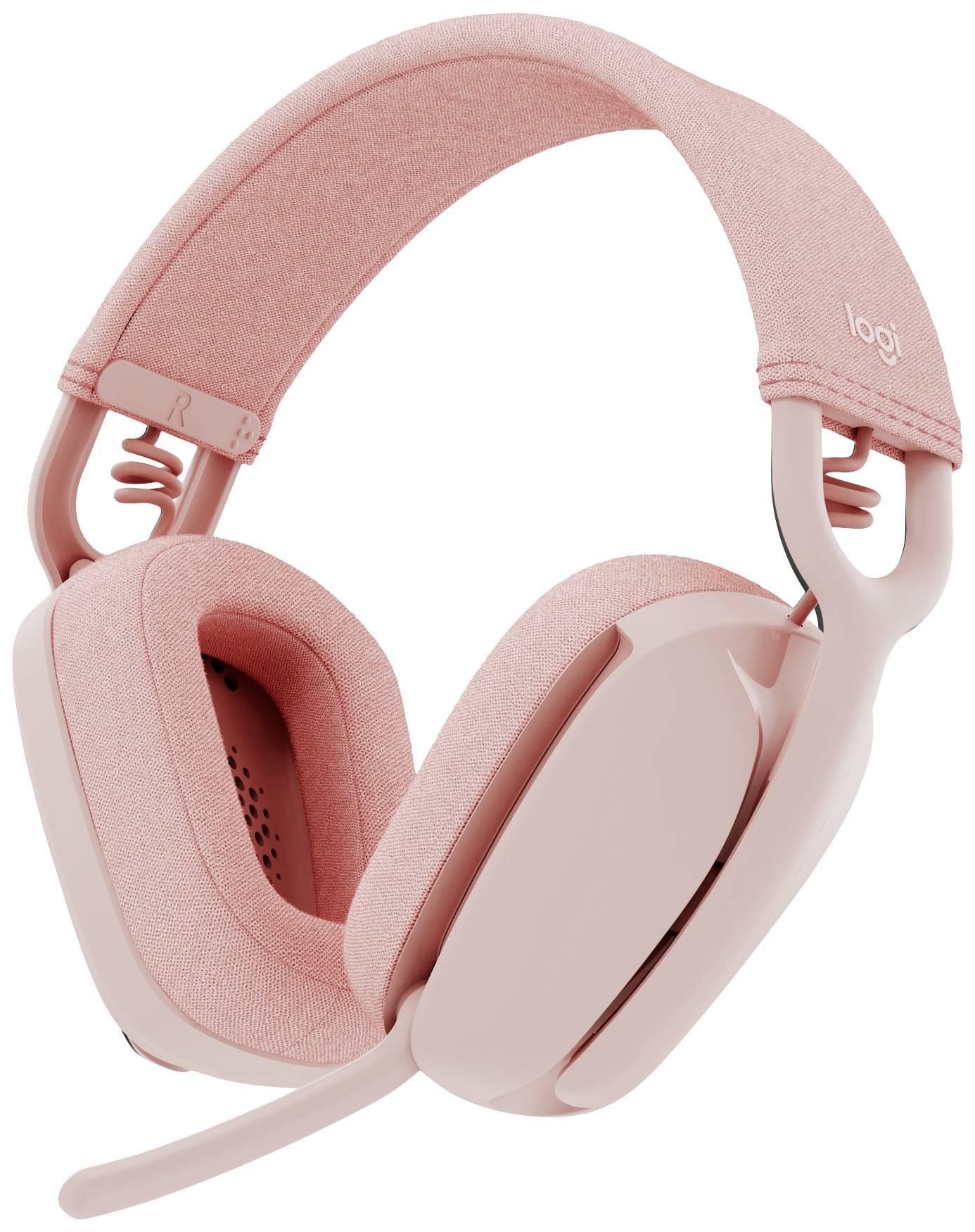 Rosa over-ear-hörlurar med mikrofon, mjuka kuddar och justerbart huvudband, lämpliga för gaming och online-kommunikation.