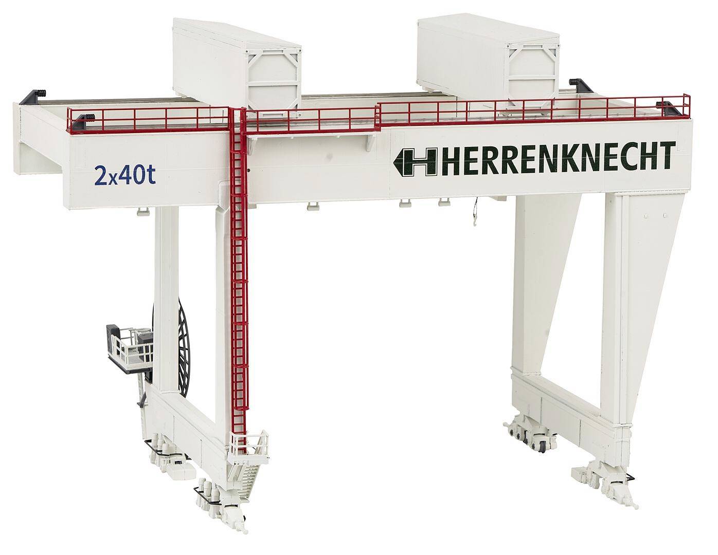 En stor, vit byggnadskranmodell med inskriften 'Herrenknecht' och en lyftkapacitet på 2x40 ton.