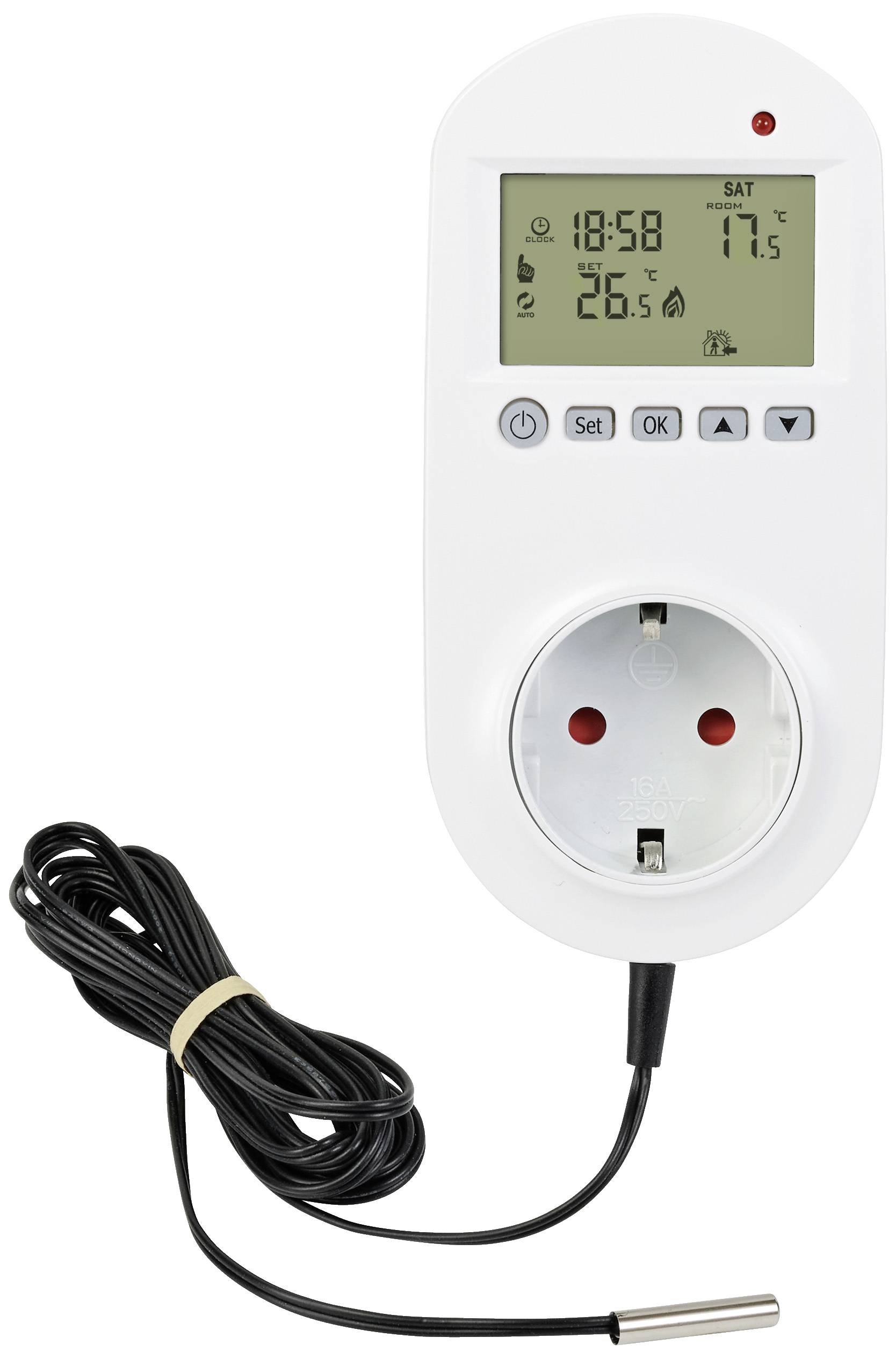 En digital temperaturregulator med uttag och display visar aktuell tid, temperaturer och symboler. En kabel med sensor är ansluten.