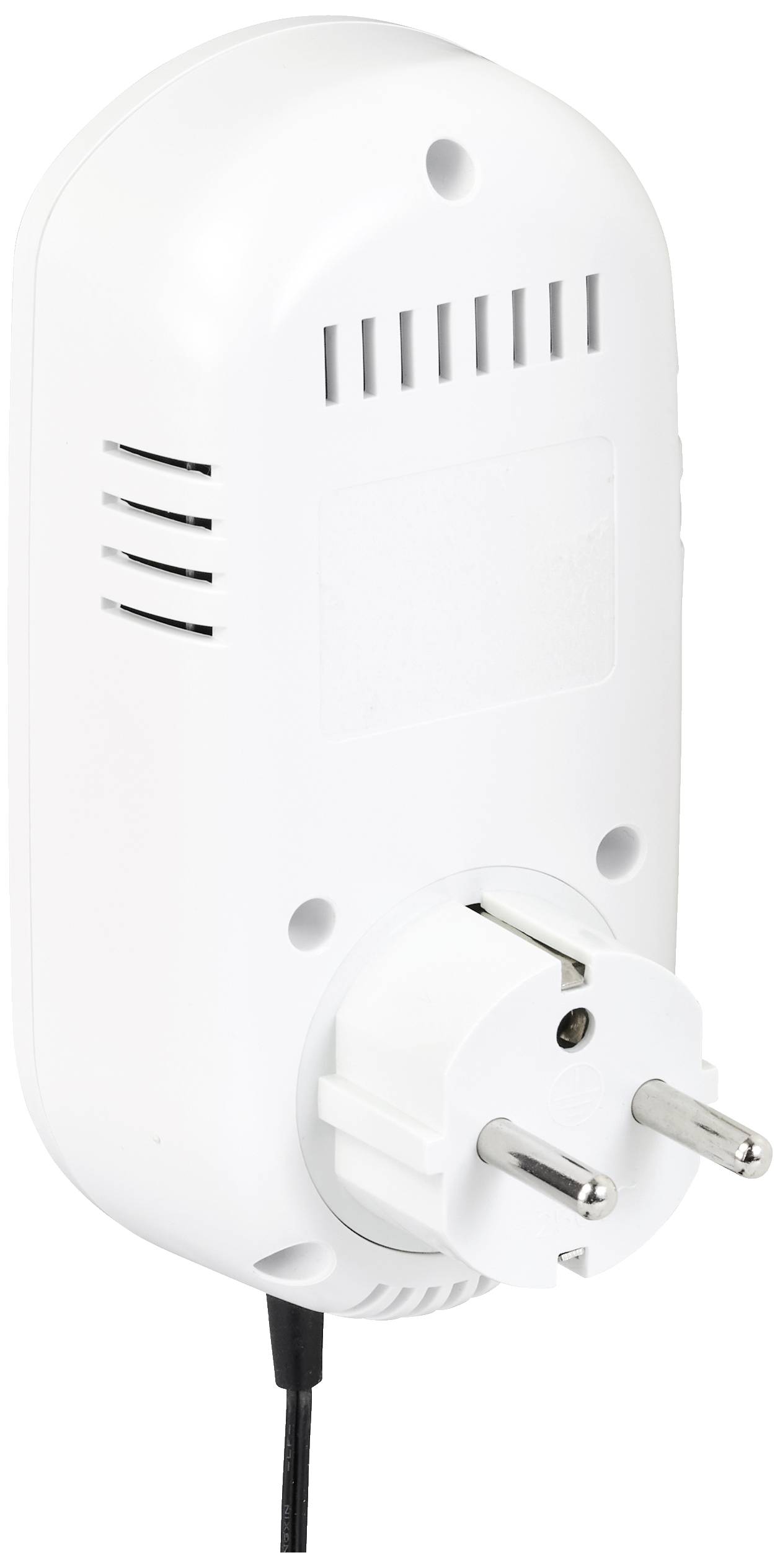 En vit stickkontaktsadapter med ventilationshål och kabelanslutning, lämplig för EU-uttag.