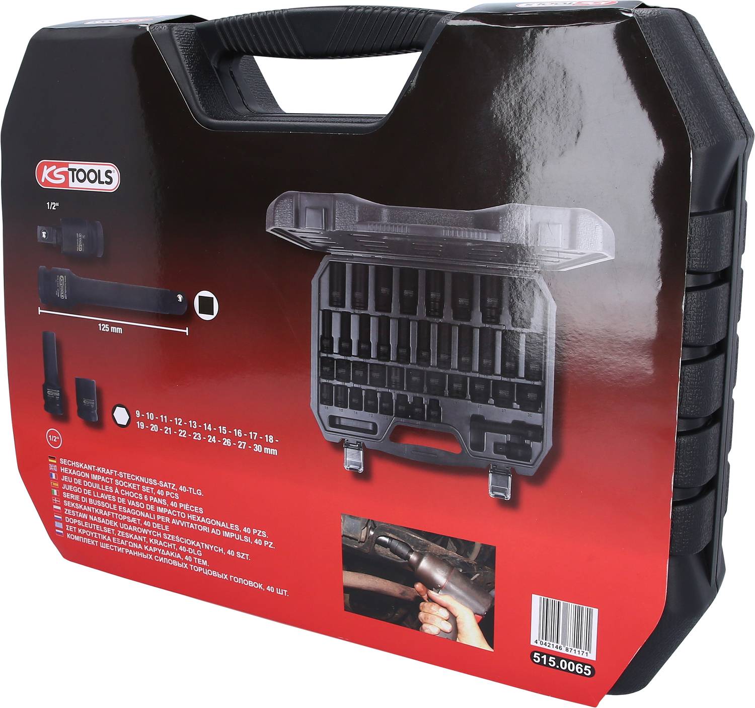 KS Tools hylsnyckelset i en svart väska, öppnad med synliga hylsor i olika storlekar från 10 till 27 mm.