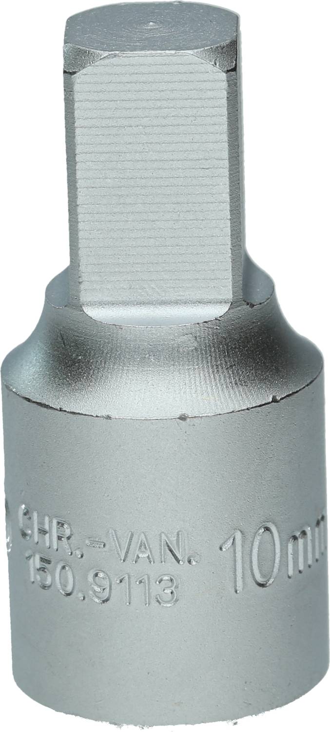Metallisk hylsnyckel med sexkantigt profil och påskriften '10 mm CHR-VAN 150.9113'.