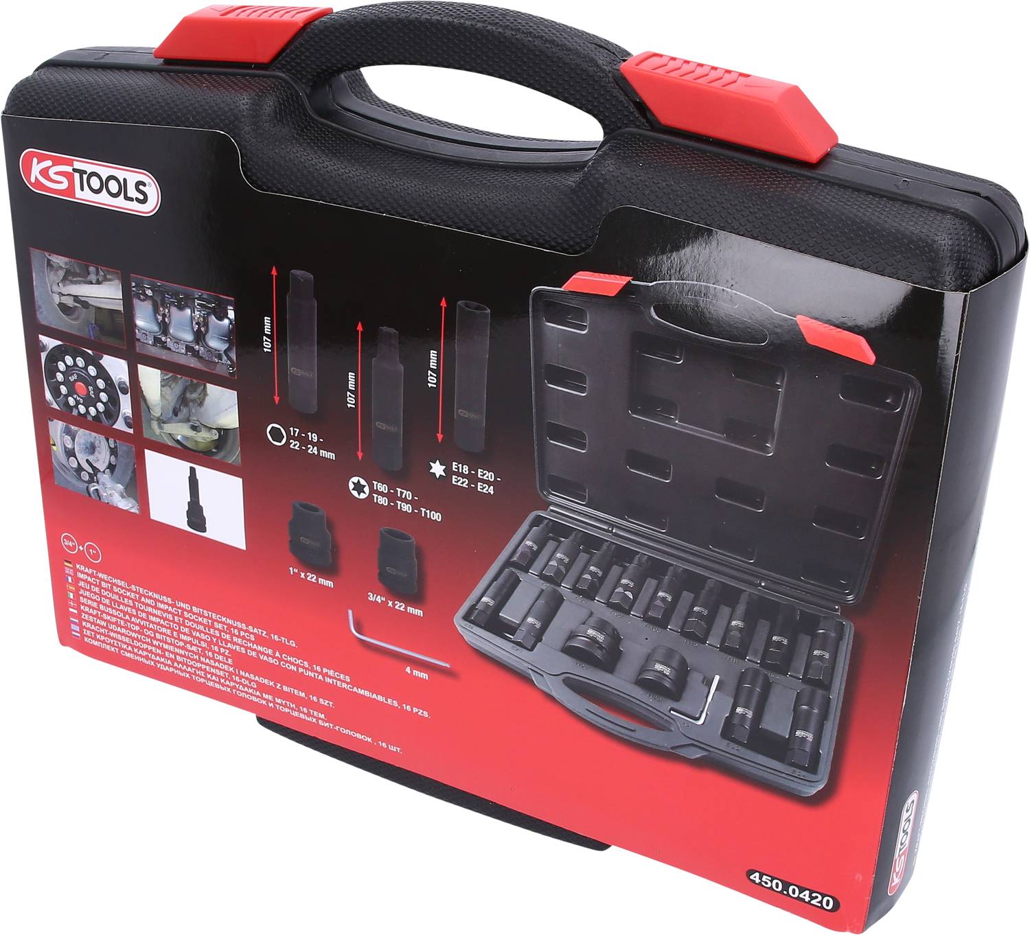 'KS Tools' verktygslåda visar olika insatser och tillbehörsdelar för däckmontering och -demontering. Innehåller storleksangivelser och produktbilder.