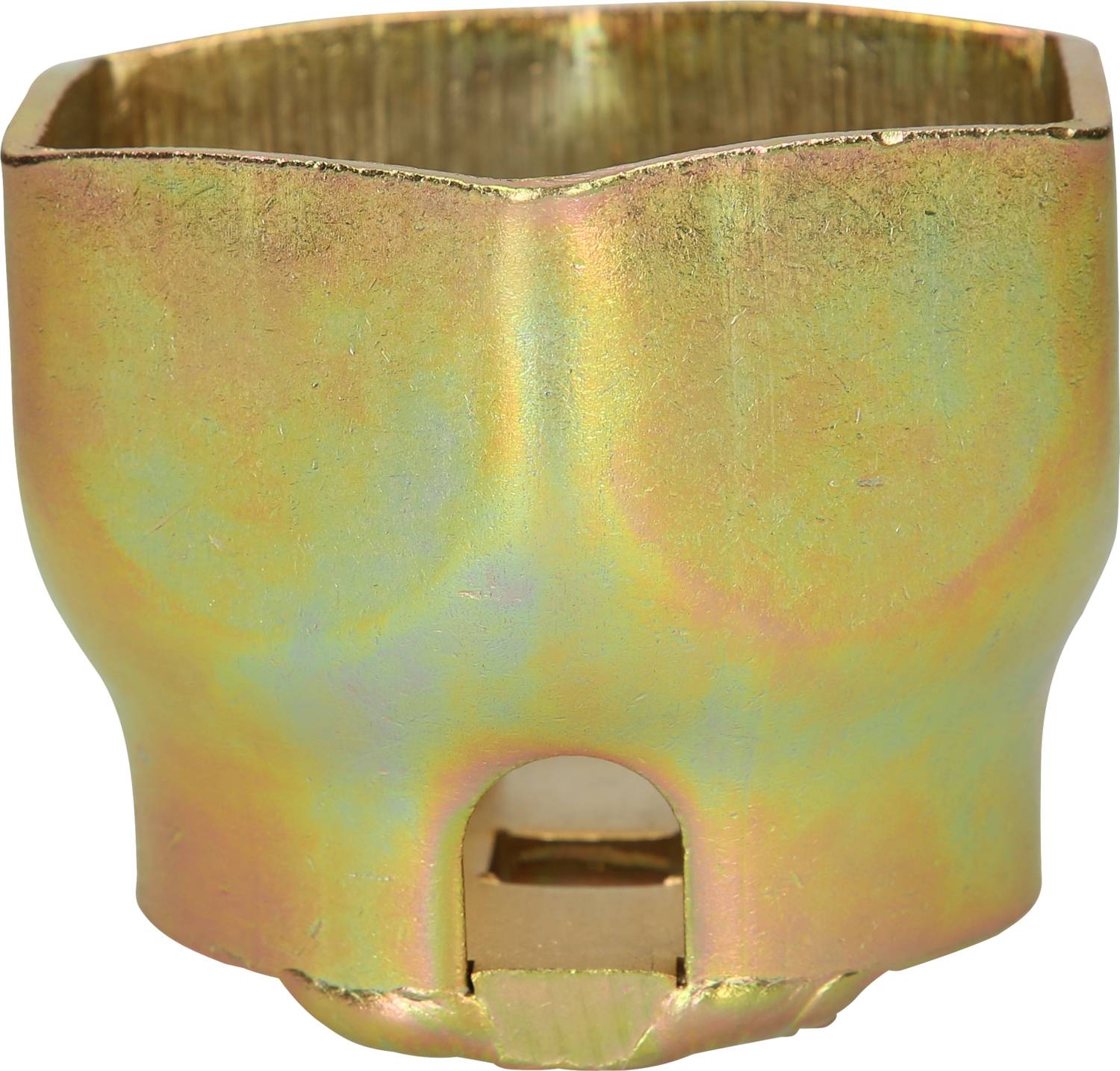 Ett gyllene metallstycke med cylindrisk form och en fördjupning på undersidan, sannolikt en del av ett mekaniskt verktyg.