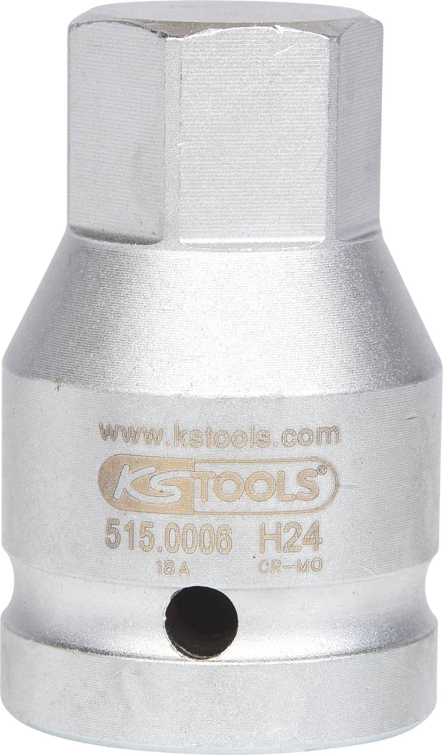 Metallisk insexhylsa med sexkantöppning, märkning visar: 'www.kstools.com', '515.0006', 'H24', '12A', 'CR-MO'.