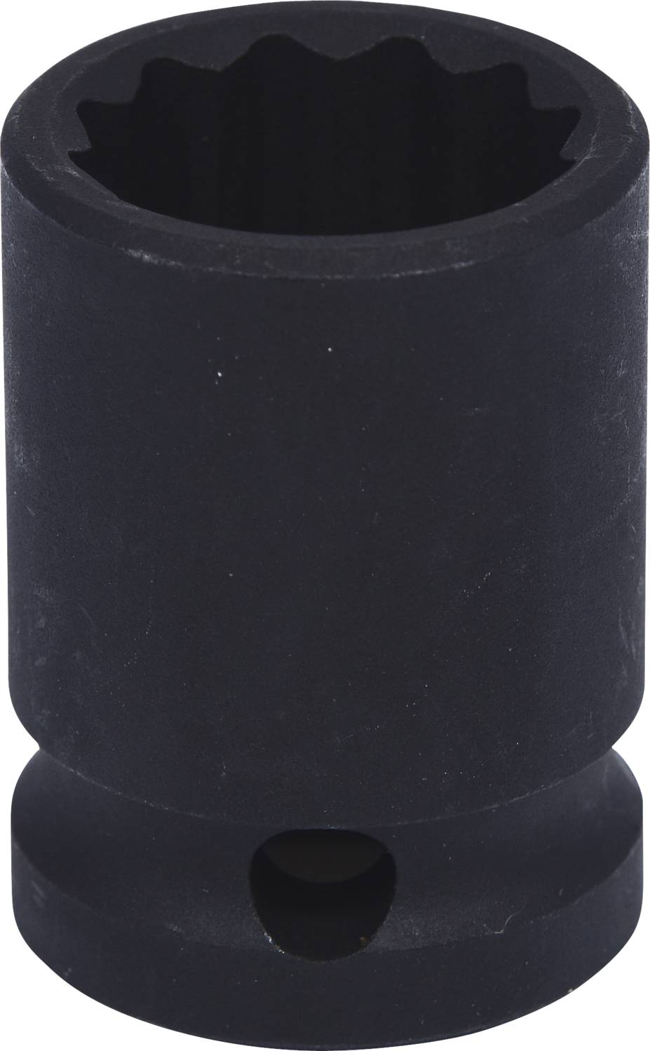 En svart tolvkantig insexnyckel av metall, cylindrisk form med en urskärning nedtill, synlig mot vit bakgrund.