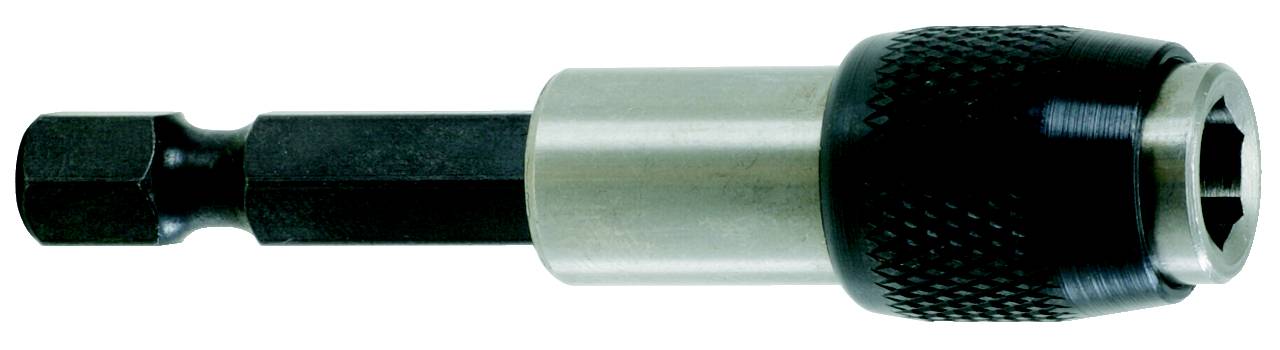 En magnetisk bitshållare med ett silveraktigt skaft och ett svart räfflat handtag, lämplig för skruvmejslar.