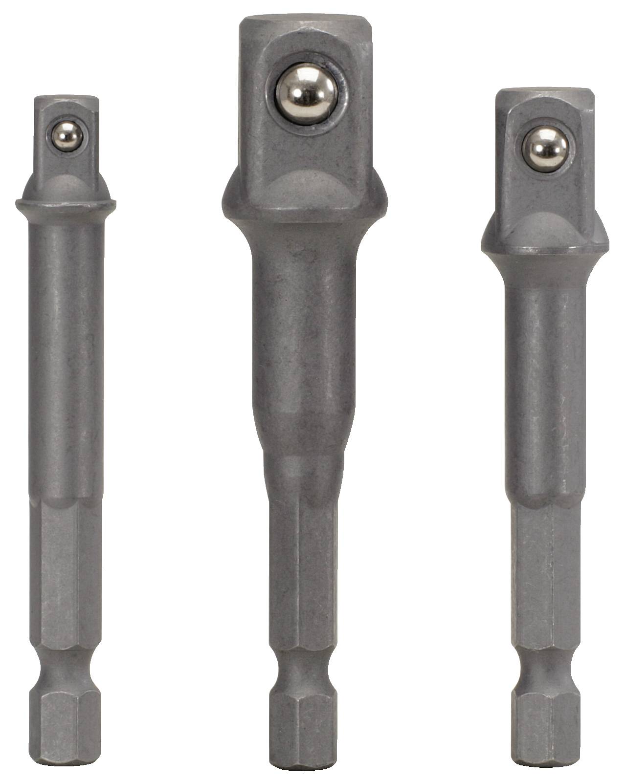 Tre metalladaptrar med olika längder och sexkantig skaft. Var och en har en kulled för fästning vid verktyg.