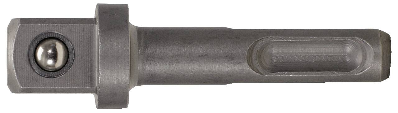 Ett silveraktigt chuck med slät cylindrisk form och sexkantig bas, för anslutning till en borr eller verktyg.