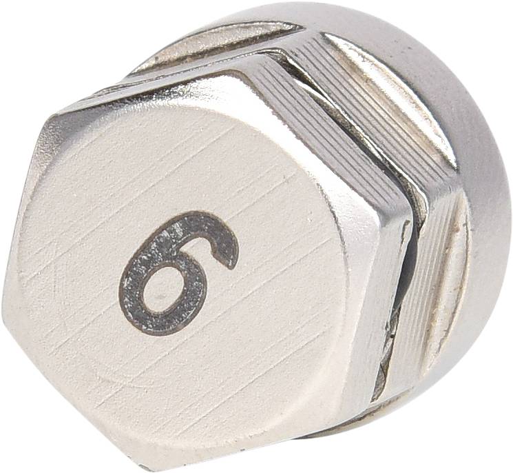 Sexkantig metallmutter med präglad siffra '6' på ovansidan.