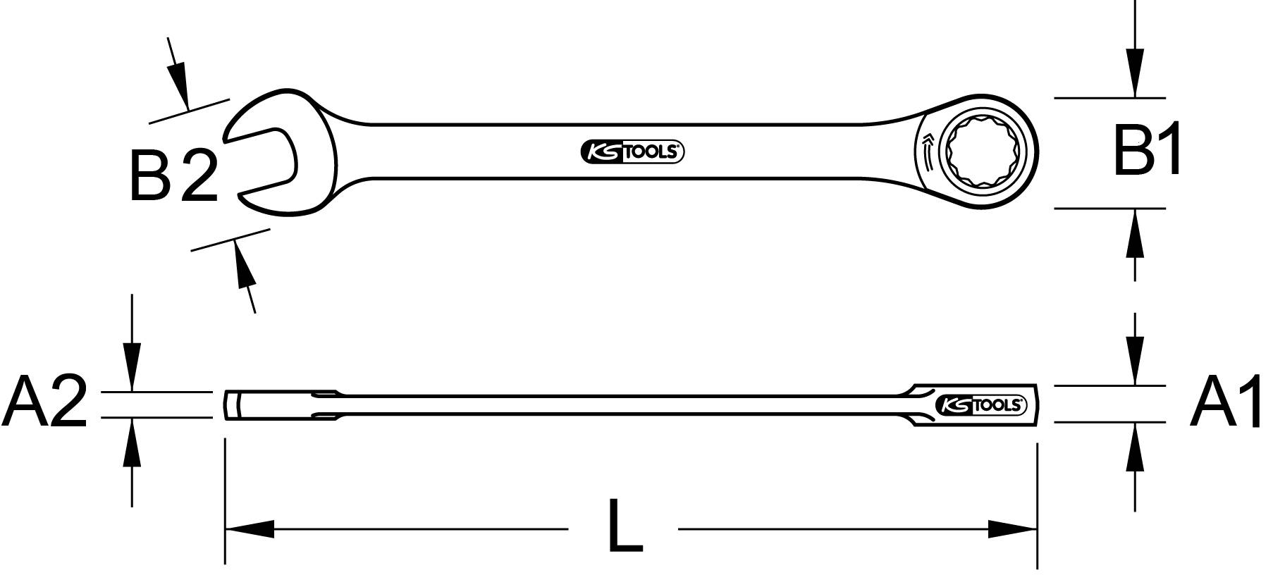 Illustration av en ringnyckeln med mått: Längd (L), huvudbredd (B1, B2) och skaftets tjocklek (A1, A2), varumärkets logotyp synlig.