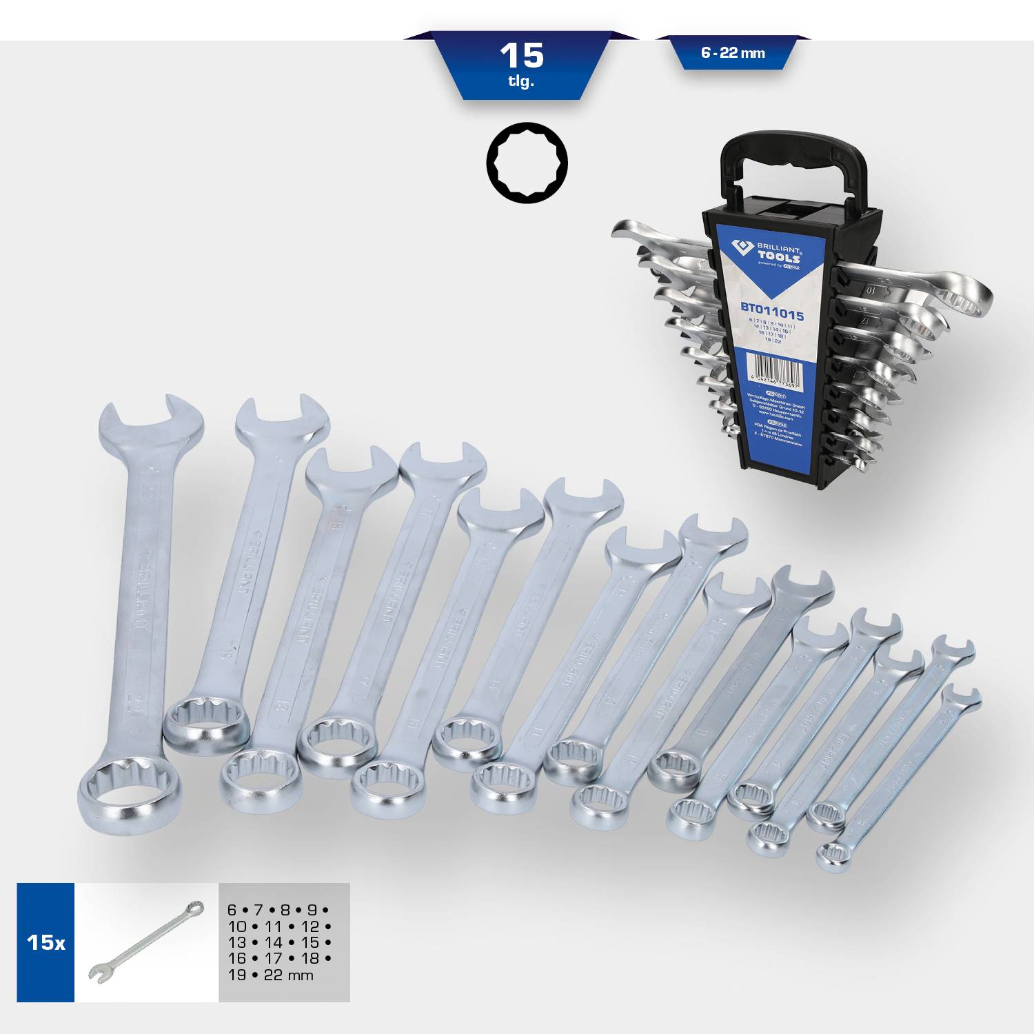 15-delars skiftnyckelsats från 6 till 22 mm. Inklusive robust hållare. Perfekt för olika storlekar av skruvmuttrar.