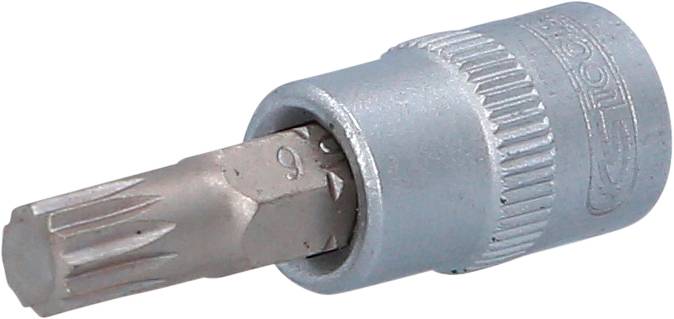 En silverfärgad Torx-bits för skruvmejsel, storlek T9. Den har en räfflad yta för bättre grepp.
