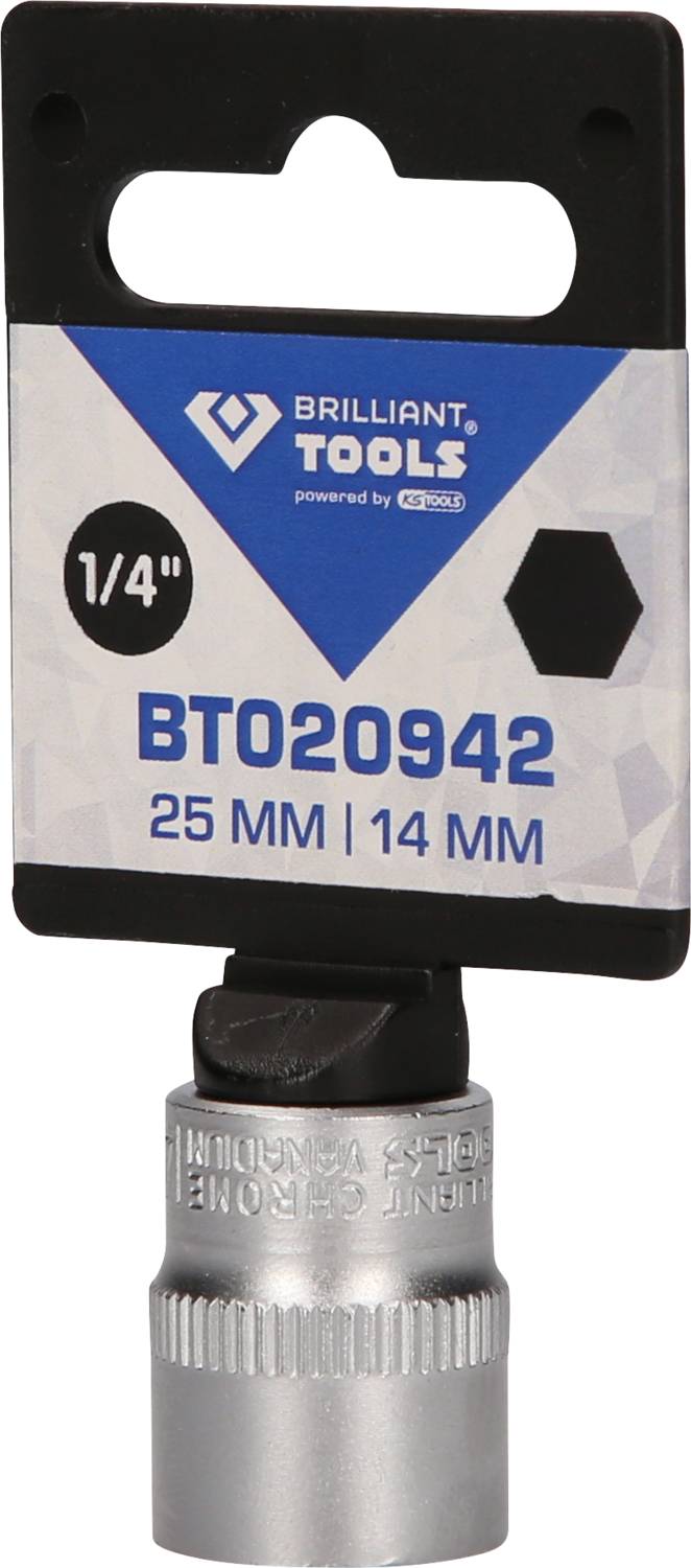 'Brilliant Tools adapter med 1/4" fäste, 25 MM längd och 14 MM sexkantfäste, fäst vid ett svart fäste.'