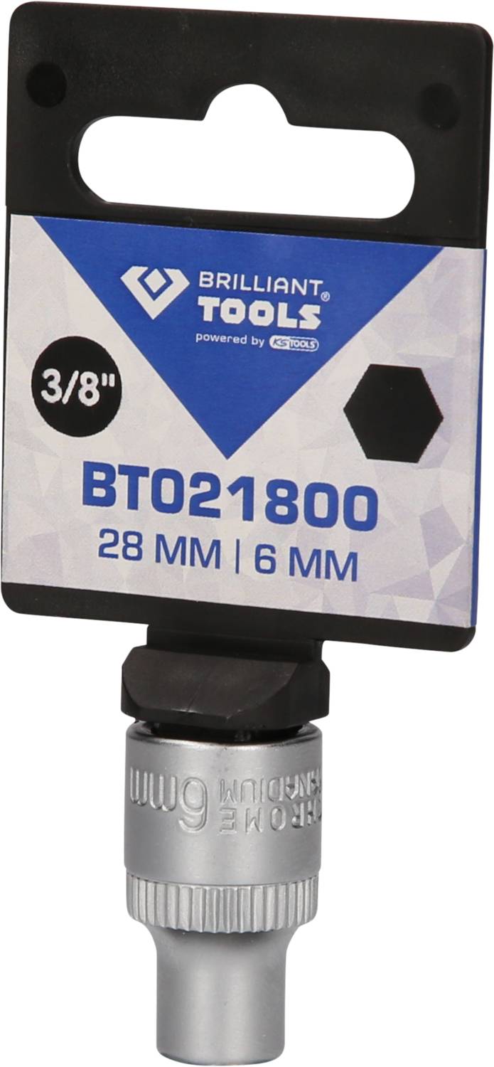 'Brilliant Tools' Steckbitssats, nyckelvidd 28 mm, insexhål 6 mm, 3/8 tums drift, produktförpackning med logotyp.