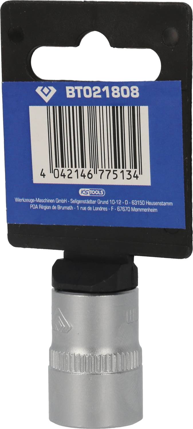 Metallisk skiftnyckelinsats på svart hållare med blå produktetikett och streckkod.