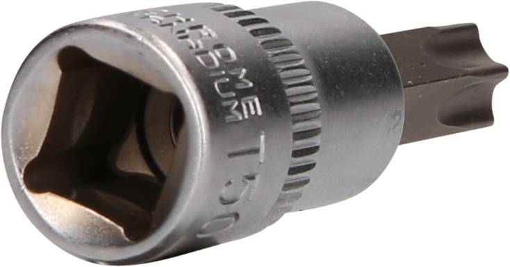 Metallisk T50 Torx-bitshylsa med runt slut och räfflat grepp, lämplig för skruvarbeten på fordon eller möbler.