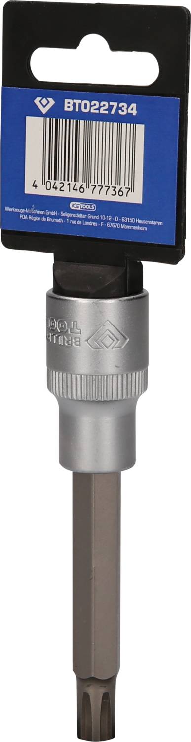 En silverfärgad skruvmejselbitshållare med en blå etikett överst, där det står 'BT022734' och en streckkod syns.