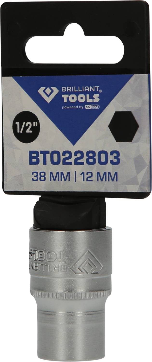 Stecknyckel 'Brilliant Tools' BT022803, storlek 38 mm / 12 mm, med 1/2" drive, sexkantig form, på en produktförpackning.