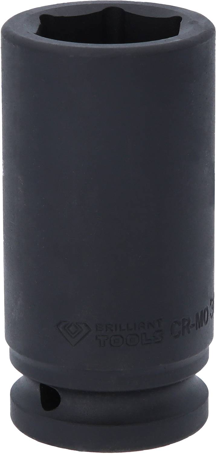En 'Stecknuss' av svart metall i cylindrisk form, med kvadratisk öppning upptill, märkning 'CR-MO' och 'Brilliant Tools' synlig.