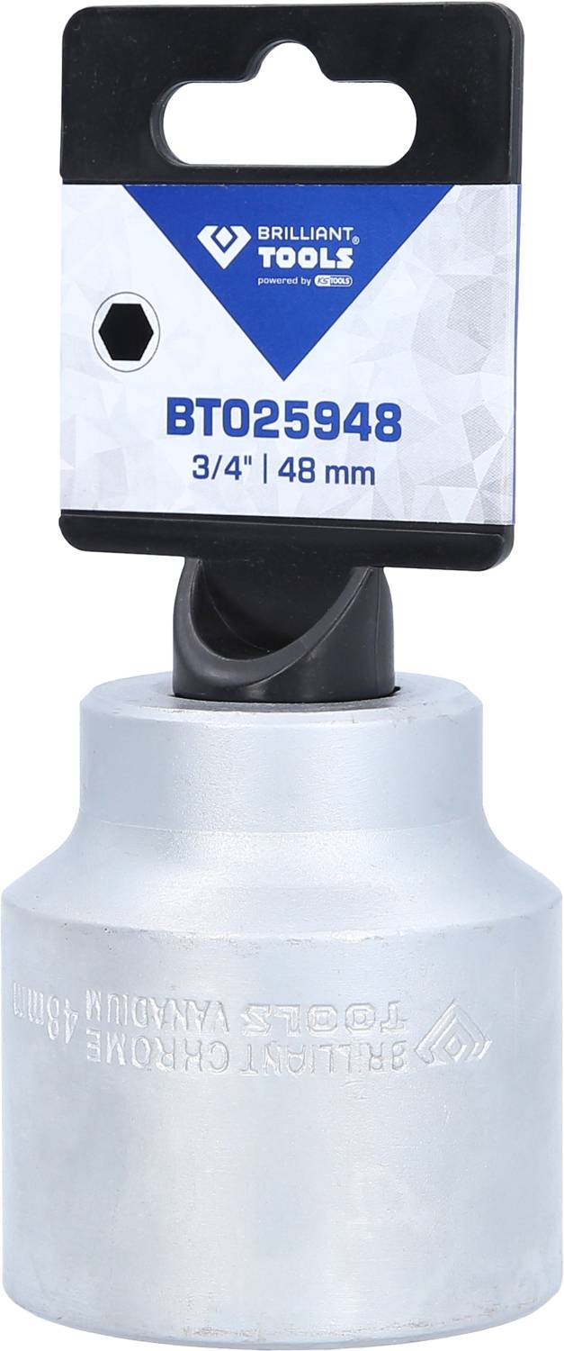 Hexnöt med 3/4"-drift och 48 mm storlek, silverfärgad. Överst en etikett med texten 'BT025948' och varumärke.