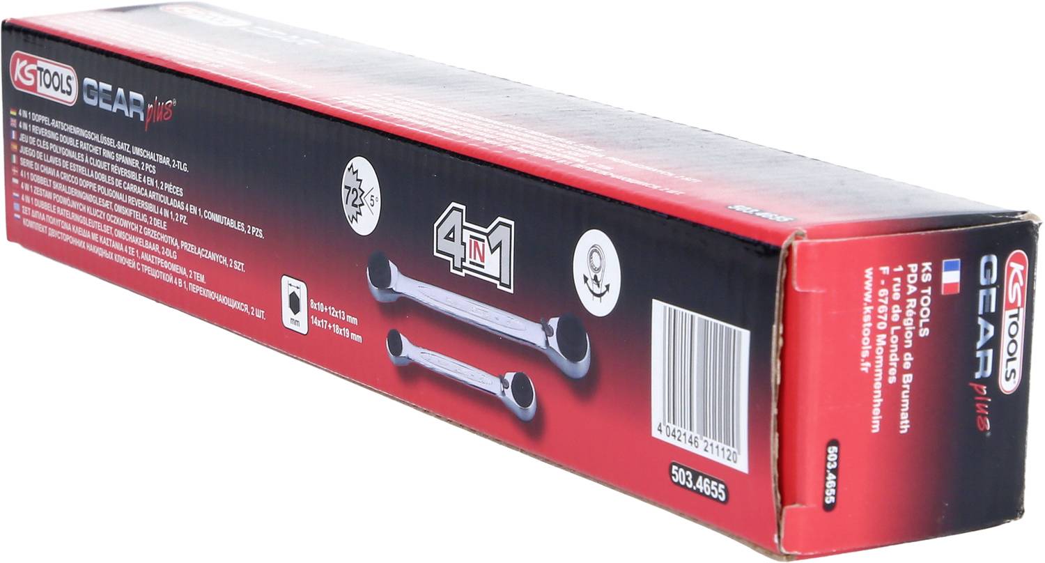 Förpackning för en KS Tools Gear Plus skralle, visar två avbildade skrallenycklar och specifikationer på röd bakgrund.