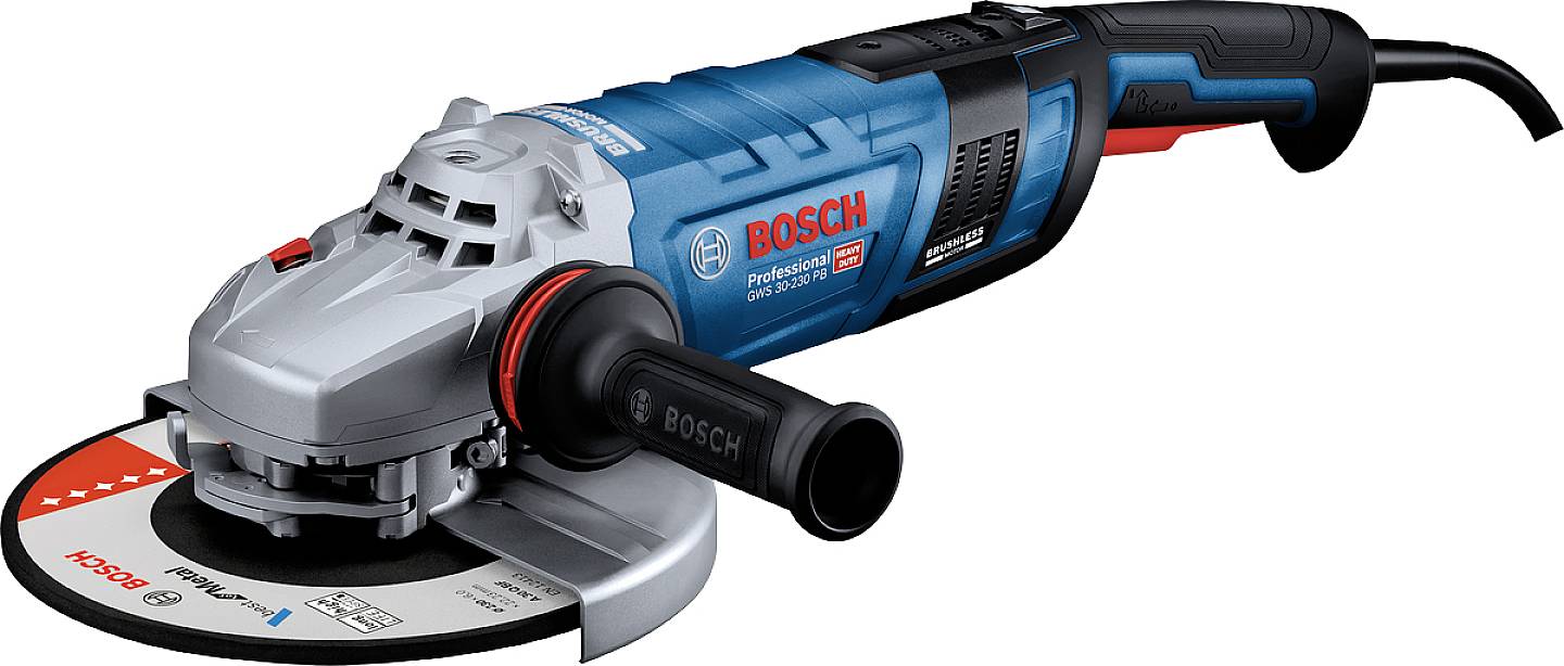 Elverktyg: Blå Bosch-vinkelslip med rött logo, lämplig för att skära, slipa och avlägsna rost från metaller och andra material.