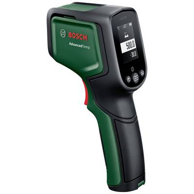 Ett infraröd-termometer med Bosch-logotyp visar en temperatur på 500,0 grader på en digital display. Verktyg i svart och grönt.