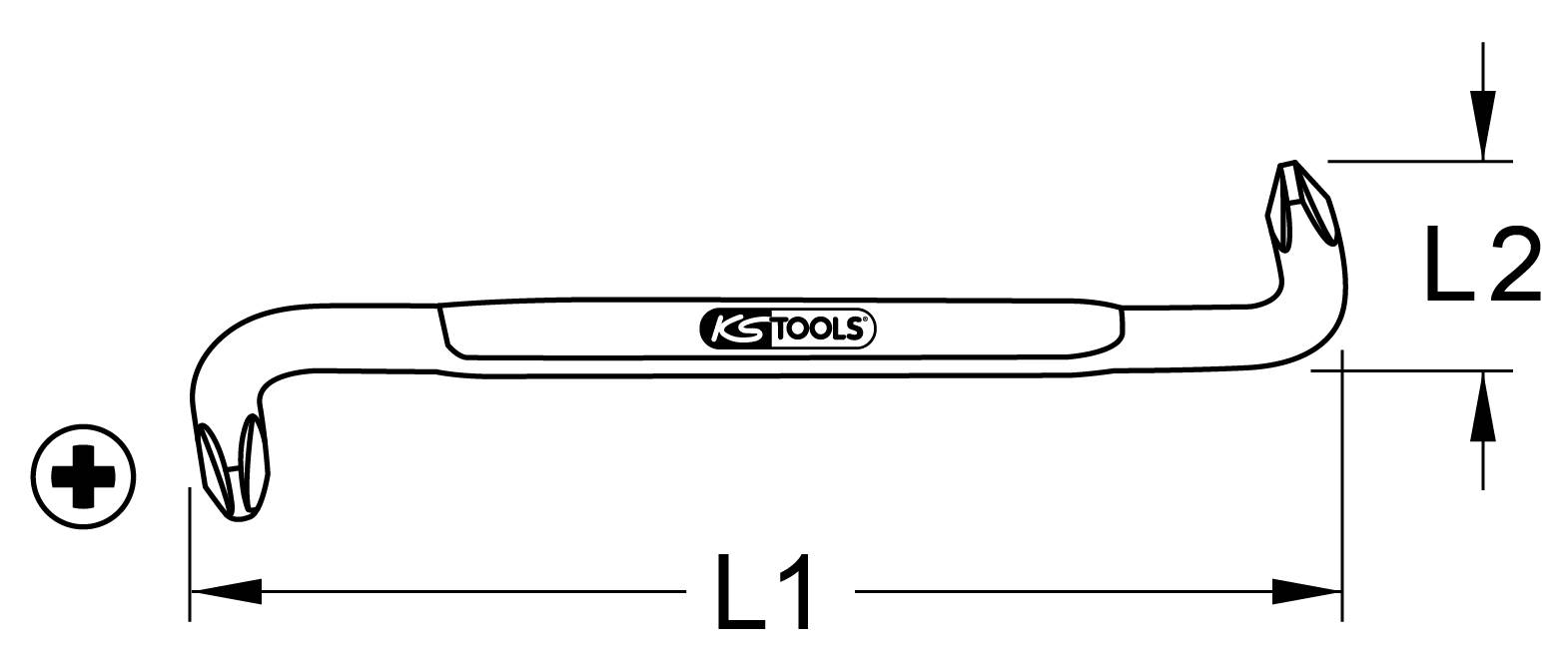 Teckning av en monteringshävarm med L1- och L2-dimensioner, logotyp 'KS TOOLS'.