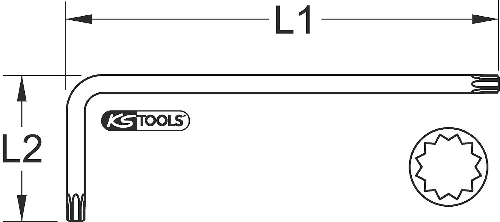 Illustration av en vinkelnyckel med Torx-profil, märkt med 'KS TOOLS'. Längderna L1 och L2 anges med pilar.