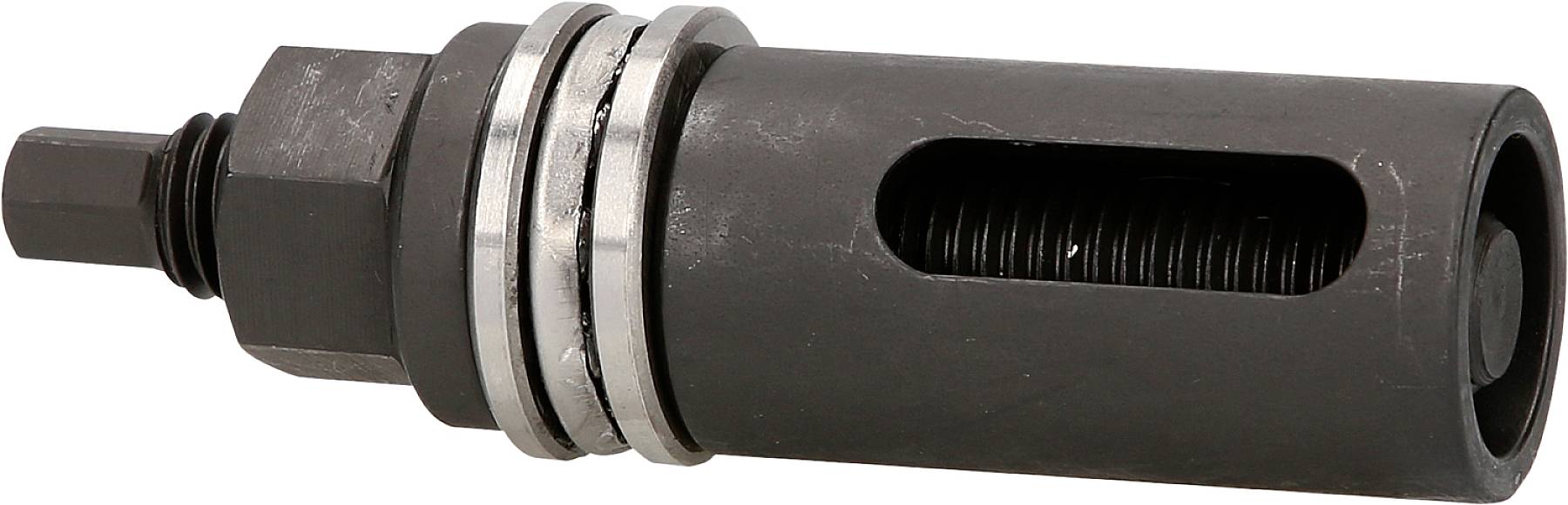 Ett byggnadsverktyg med cylindrisk kropp, urfasning och gängad skruv, möjligen en del av ett avdragningsverktyg eller verktygssats.