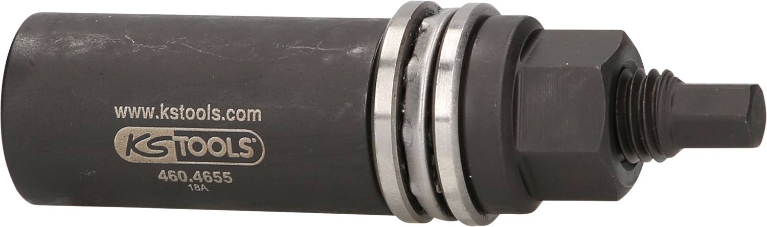 Ett cylindriskt verktyg med texten 'KS Tools'. Det har metallringar och en gängad del, sannolikt ett fordons- eller maskinverktyg.