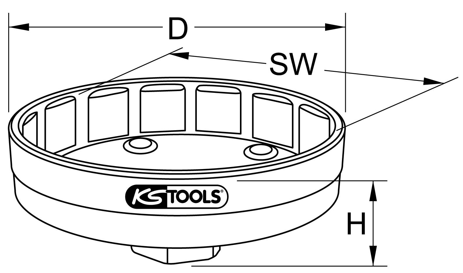 En teknisk ritning av ett verktyg med påskriften 'KS TOOLS'. Markeringar visar diameter (D), sexkantmått (SW) och höjd (H).