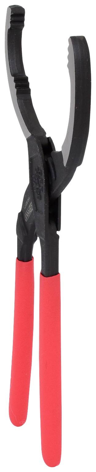 En svart oljefiltertång med röda handtag, lämplig för borttagning av oljefilter i motorfordon.