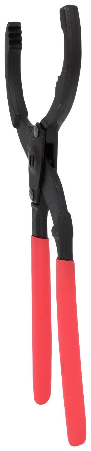 En oljefilternyckel med röda handtag, avsedd för att lossa och dra åt runda föremål som oljefilter.