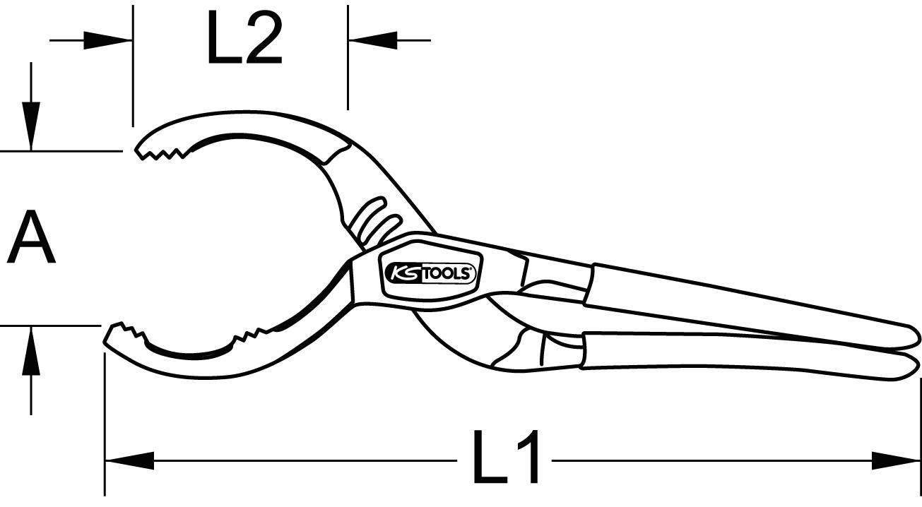 Teknisk ritning av en tång med dimensioner. L1 och L2 betecknar längden, A anger tångens öppningsvidd.